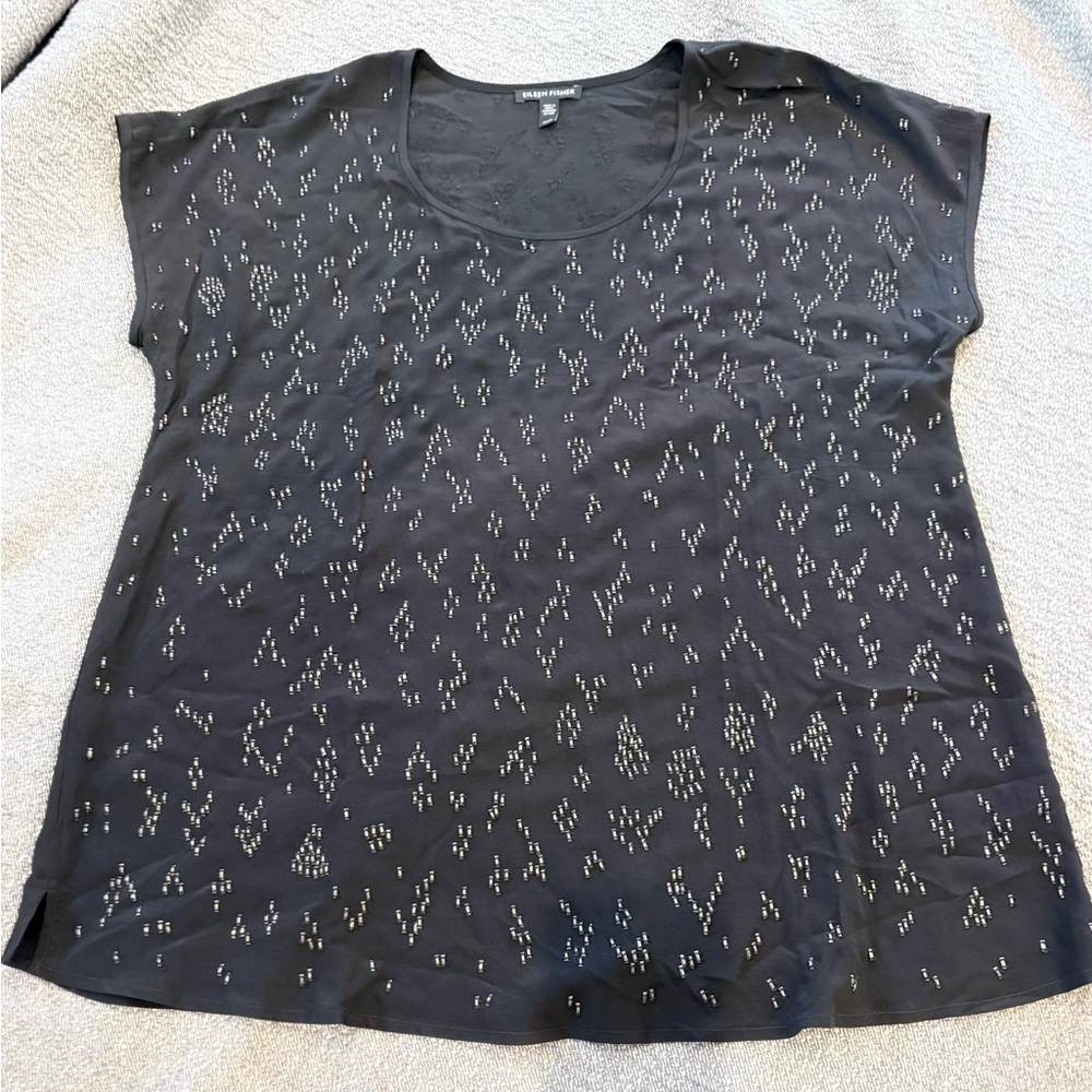 Eileen Fisher Gorgeous Black Silk beaded Blouse EUC